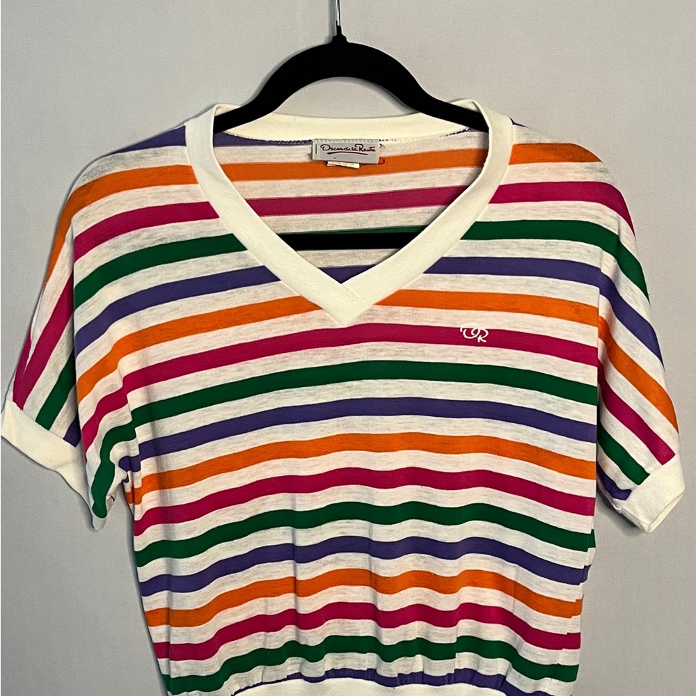 Vintage Oscar de la Renta Multicolor Striped V-Neck Top - Size L